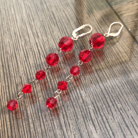 Vintage Red Cut Crystal Sterling Silver Lever Back Earrings Long Dangle - Picture 4 of 16